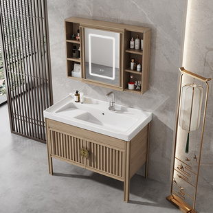 新中式浴室柜组合陶瓷洗手盆带搓板阳台洗衣盆太空铝落地柜一体盆