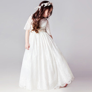 2022春款女童白色蕾丝表演连衣裙韩国中大童晚礼服，裙子高端伴娘服