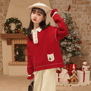 女童秋冬甜美圣诞针织毛衣红色儿童上衣打底衫中大童童装