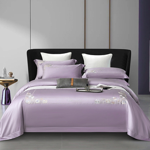 家纺床上四件套全棉纯棉绣花被套，罩紫色喜被陪嫁婚庆床品送礼