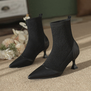 黑色短靴女秋冬气质弹力，高跟袜靴法式尖头时尚拼接细跟瘦瘦靴