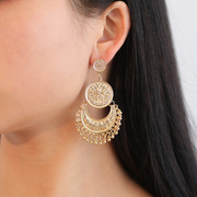 欧美复古镂空月牙流苏耳饰波西米亚日月造型雕花圆珠流苏女士耳环