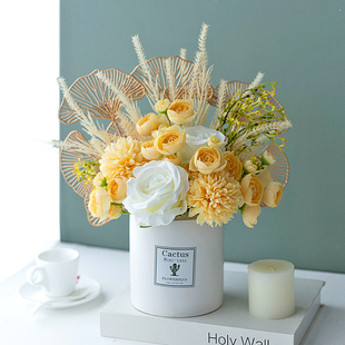 北欧香槟系假花塑料仿真花，花艺客厅装饰摆件花束，餐桌白色花瓶套装