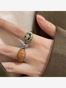 美拉德椭圆石头开口戒指，时尚个性冷淡风食指戒指环，复古气质手饰女