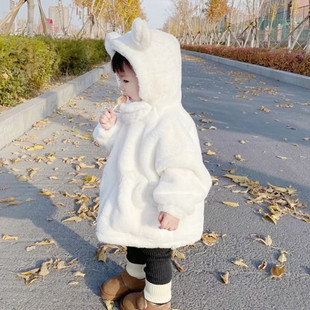 女宝宝冬装加绒皮草外套，儿童白色小熊，连帽毛毛棉衣加厚保暖中长款