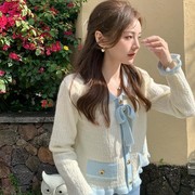 木耳边蝴蝶结系带针织开衫女春秋2022短款撞色甜美小香风毛衣