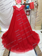 韩版高腰透明短袖演出礼服，大红色声乐歌唱演唱舞台演出服装