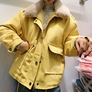冬装2023年女韩版宽松百搭加厚毛领立领加绒派克工装棉服外套