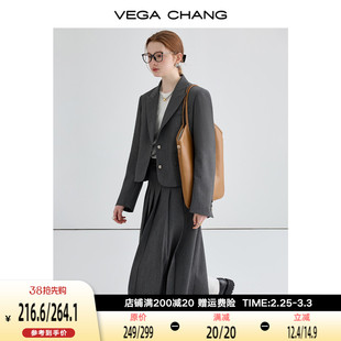 vegachang时尚套装女2024年春季通勤风垫肩短西装半裙两件套