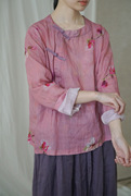 新中式国风女装改良旗袍苎麻年轻款高端气质粉色碎花衬衣夏季
