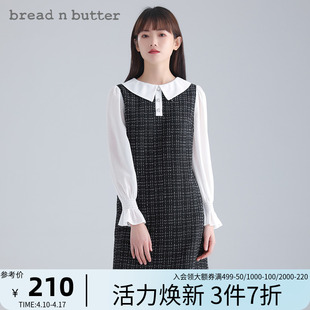 breadnbutter娃娃领小香款长袖连衣裙粗花呢，拼接雪纺长袖假两件