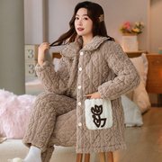珊瑚绒睡衣女冬季三层夹棉袄，加厚加绒韩版甜美冬天保暖家居服套装
