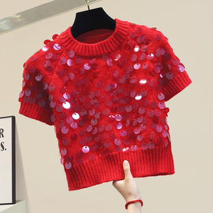 红色毛衣女秋装2023韩版时尚百搭重工亮片短袖宽松套头针织衫