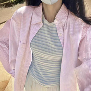 源头直发韩系chic粉色条纹衬衫女2024夏季薄款小众设计感长袖