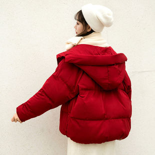 冬季款小个子连帽红色棉服，女韩版学生保暖短款外套面包服棉袄棉衣