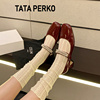TATAPERKO联名法式红鞋方头粗跟婚鞋新娘鞋女鞋浅口珍珠水钻单鞋