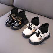 女童公主皮鞋秋冬宝宝单靴软底儿童，袜子靴1一3-5岁二棉加绒短靴子