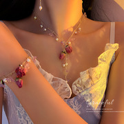 韩国时尚鲜花珍珠手链项链，耳环套装超仙玫瑰，气质温柔锁骨链耳饰女