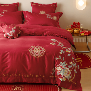 新中式轻奢刺绣花结婚庆，全棉四件套100s纯棉，红陪嫁床上喜被套床单