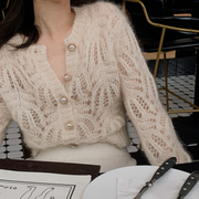 法式马海毛春款白色，镂空薄款针织开衫，2021年毛衣外套女上衣