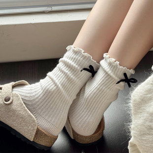 米白色小腿袜女秋冬款甜美棉短袜竖条纹小香风，堆堆袜灰色中筒袜子