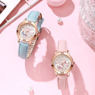 玫瑰金镶钻(金镶钻)皮带手表，女中学生手表，三丽鸥石英表女孩时装手表