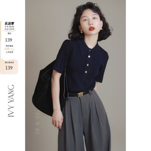 ivyyang法式polo衫，翻领针织衫t恤女夏季修身正肩短袖长袖上衣