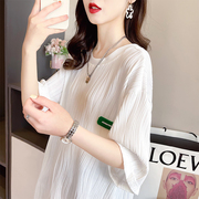 小众设计感短袖t恤女夏季韩版宽松大码女装中长款肌理感条纹上衣