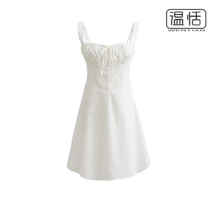 纯欲性感方领白色系带裹胸吊带连衣裙女夏季收腰显瘦短裙