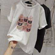 韩系设计感猫咪印花刺绣字母正肩显瘦短袖T恤女夏季洋气小衫上衣