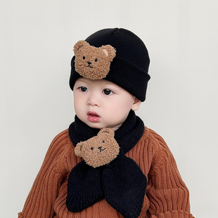 宝宝帽子围巾2件套秋冬季保暖毛线针织帽婴幼儿童套头帽加厚围脖