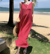 直供度假风露背裙超仙袖，连衣裙玫红显白宽松夏季海边沙滩裙