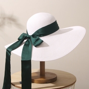 白色大檐帽子太阳帽超大帽檐防晒遮阳沙滩帽女绿飘带草帽海边度假