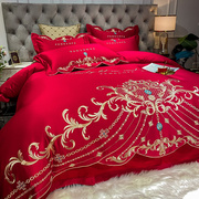 高档欧式全棉婚庆四件套高档奢华刺绣被套大红色床单纯棉结婚床上