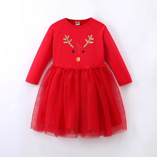 2023圣诞节女中童长袖，可爱网纱连衣裙圆领红色，绣花蓬蓬裙绿色