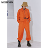 mixseven原创设计连体，裤男秋冬口袋橘色长袖宽松直筒，连身裤子