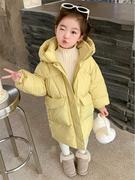 女童冬季中长款羽绒服女宝宝，冬款大口袋纯色外套，儿童加厚韩版上衣