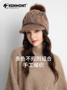卡蒙手工编织羊毛毛线，贝雷帽女大头围鸭舌堆堆帽，可爱毛球针织帽新