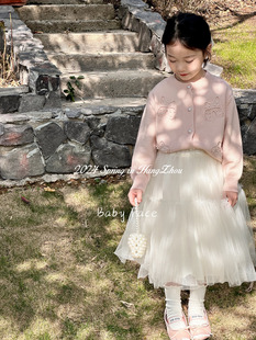 韩版童装2024春秋款女童甜美风粉色针织开衫上衣儿童半身长裙纱裙