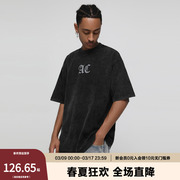 Achock店潮牌复古水洗做旧t恤夏潮牌logo印花纯色短袖男