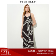 ylleelly艺术感印花连衣裙2024春夏黑白，不规则雪纺吊带长裙
