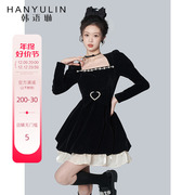 韩语琳黑色丝绒连衣裙，短款女春秋高级设计感收腰显瘦方领裙子