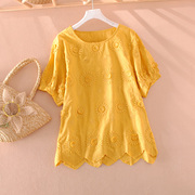 夏装衬衫女士绣花宽松短袖纯棉黄色上衣圆领套头舒适慵懒风衬衣