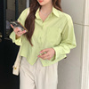 自制日系豆绿色开叉短袖衬衫女ins法式风小众设计小个子短款衬衣
