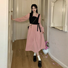 大码法式优雅时尚气质，粉红色连衣裙2023秋冬裙子，胖mm遮肚长裙