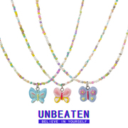 UNBEATEN泫雅风彩色串珠蝴蝶项链女多巴胺可爱甜美锁骨链2024