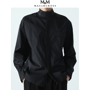 MM黑色立领衬衫秋冬季原创设计无性别穿搭简约宽松外穿高领衬衣