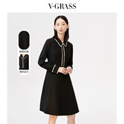 VGRASS维格娜丝冬季黑白撞色气质收腰中长款连衣裙子女