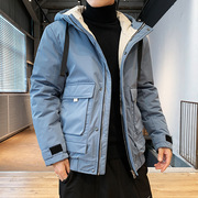 中青年男士长袖外套冬天季夹克(季，夹克)风衣，棉袄羽绒服装加绒加厚大码蓝色