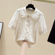 娃娃领白色蕾丝雪纺衫法式短袖很仙的上衣超仙衬衣女夏季薄款衬衫